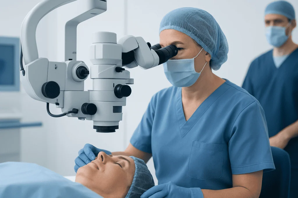 Surgeon performing eye surgery with a microscope at Acibadem Hospital.