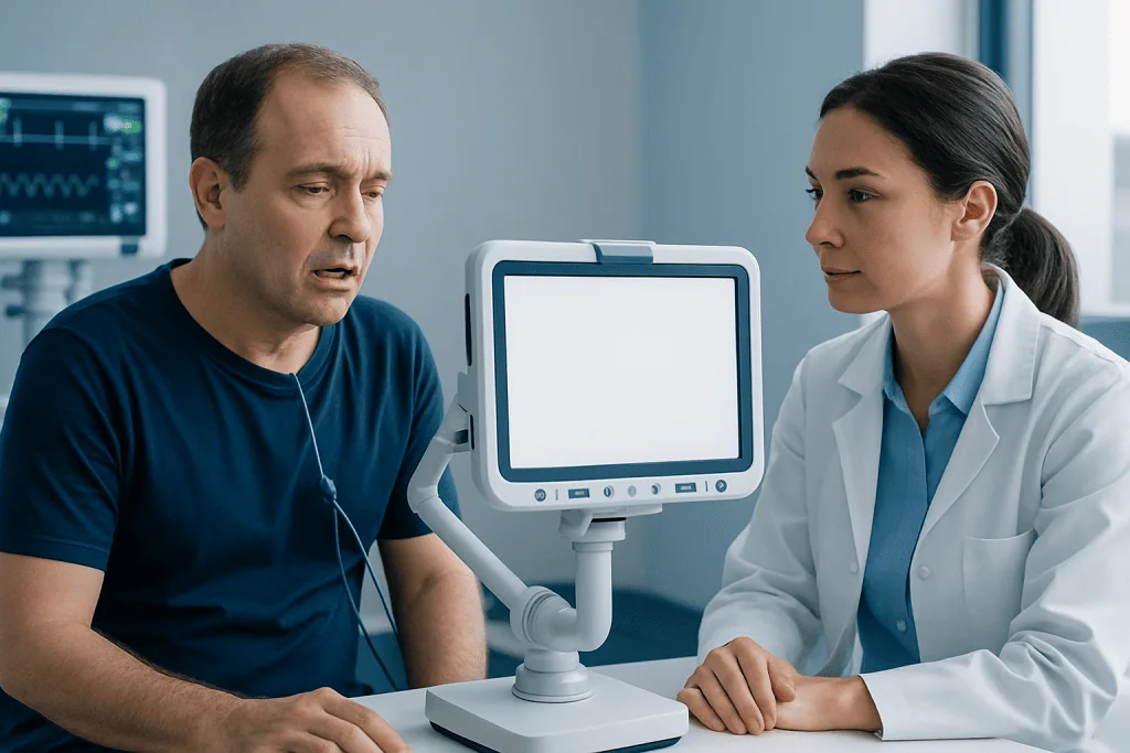 Doctor and patient in a medical consultation with diagnostic equipment.