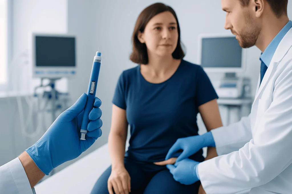 Doctor preparing injection for patient in medical clinic setting.