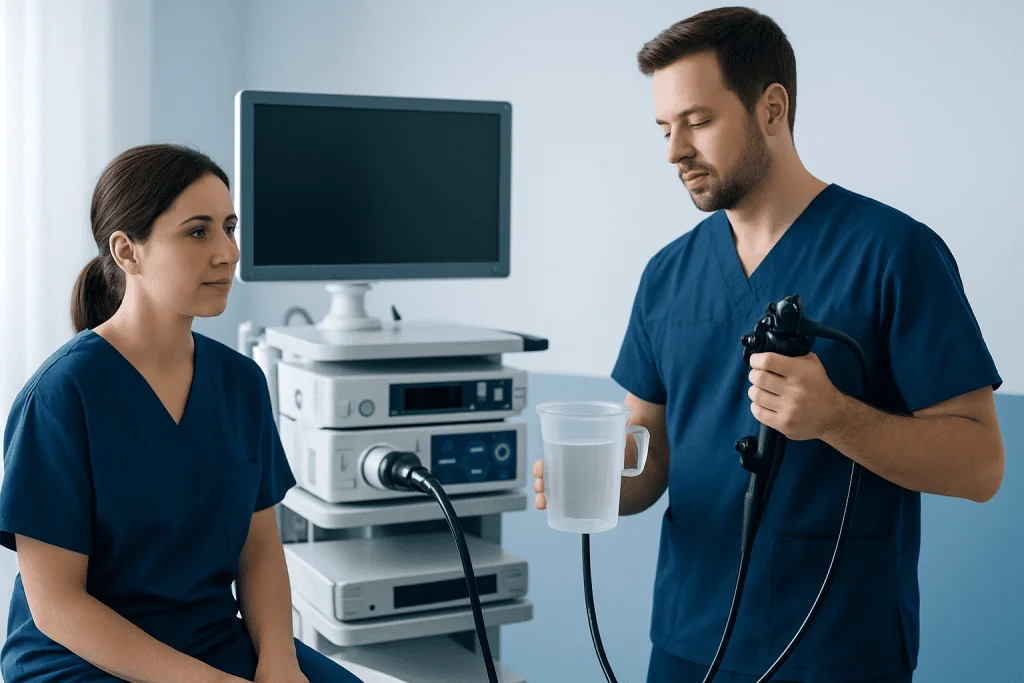 Medical professionals preparing for a colonoscopy procedure at Acibadem Hospitals.