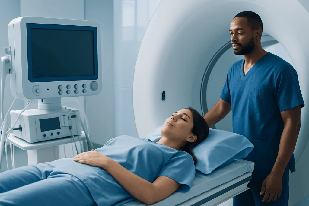 Patient undergoing MRI scan at Acibadem Hospital with medical staff present.