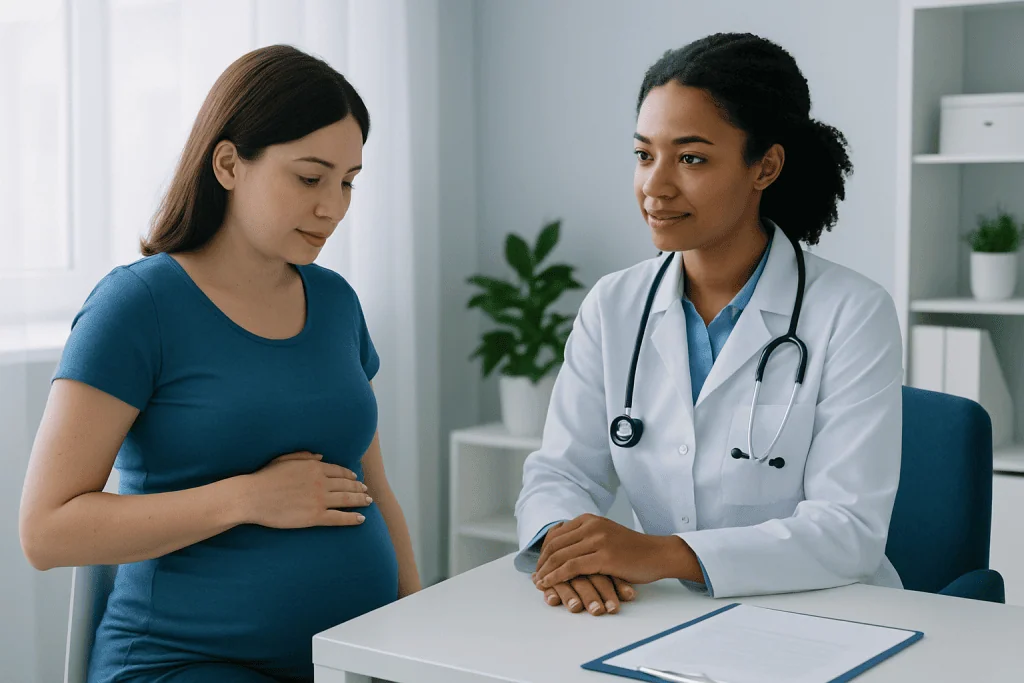 Pregnant woman consulting with a doctor in a medical office.