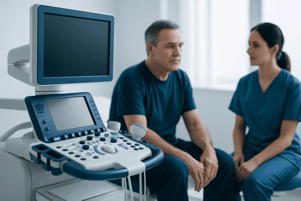 Doctor and patient in a medical consultation with ultrasound equipment.