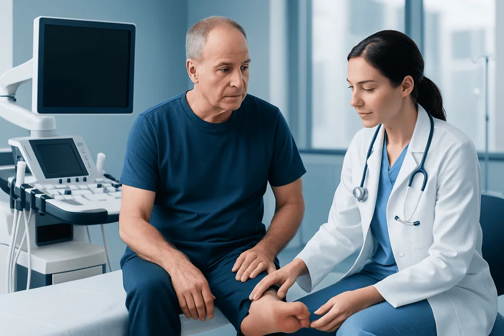 Doctor examining patient's foot in a medical clinic setting.