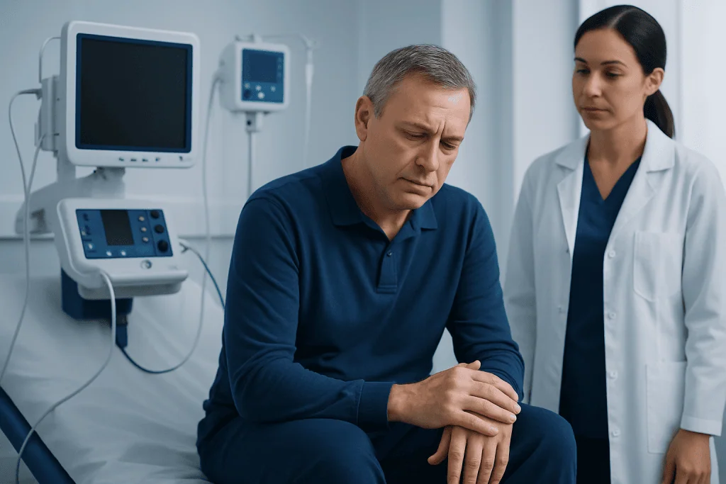 Doctor examining patient's hand in a hospital setting.