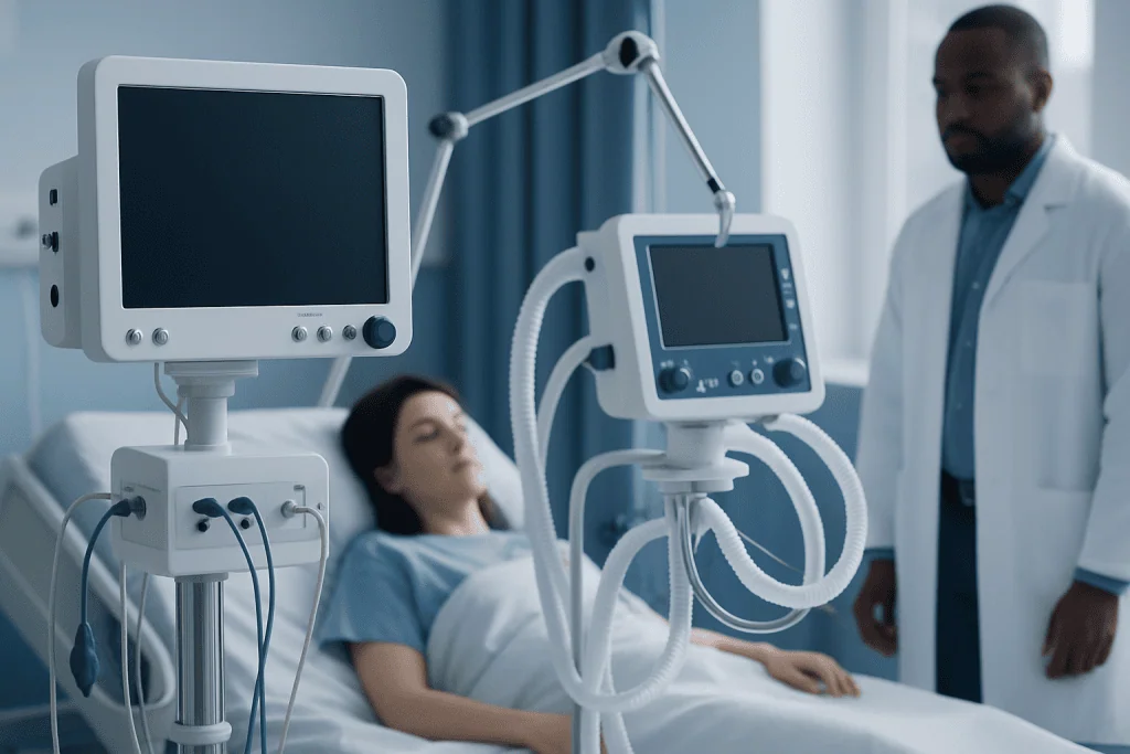 Hospital patient monitored with medical equipment in a clinical setting.