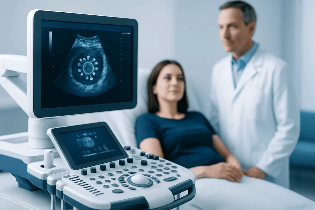 Ultrasound scan being performed on a patient in a medical clinic.