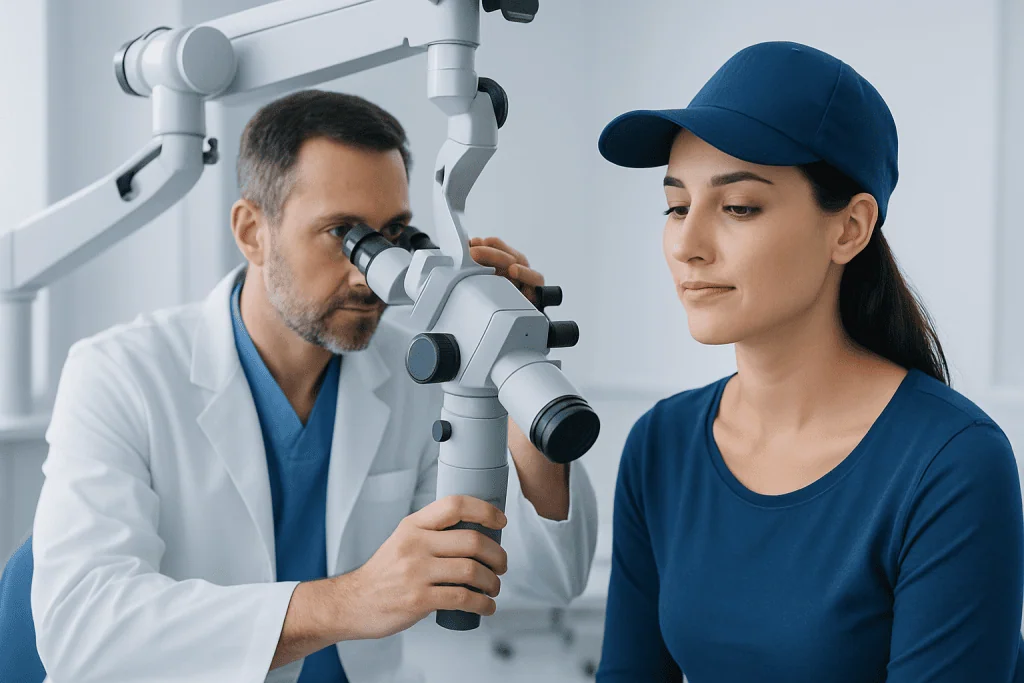 Ophthalmologist examining a young woman with a slit lamp microscope.
