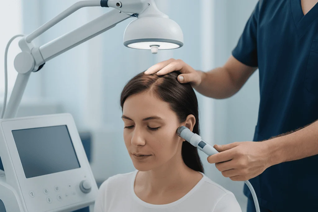 Medical professional examining woman's scalp with specialized equipment at clinic.