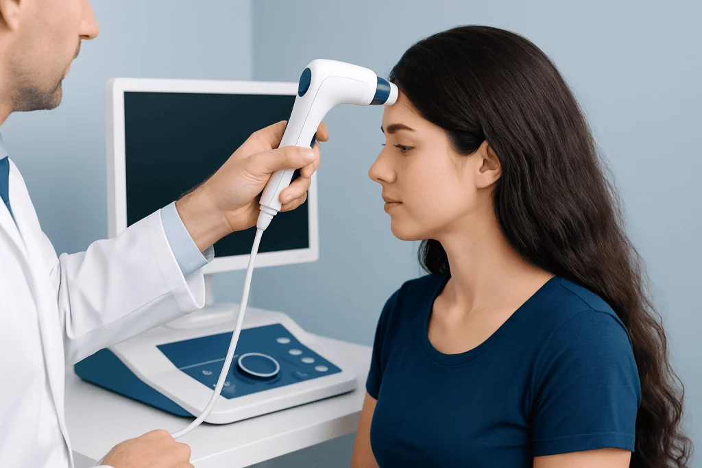 Doctor performing a scalp examination on a woman with a handheld device.