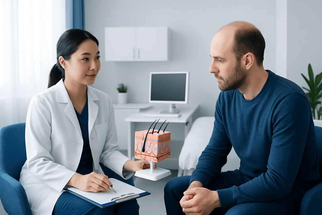 Doctor explaining hair transplant procedure to patient in clinic.