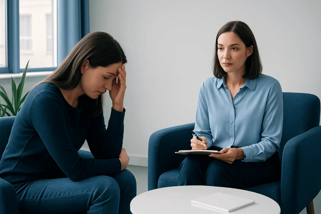 Woman in therapy session expressing distress and seeking help.