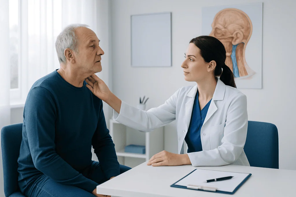 Doctor examining a senior male patient in a medical consultation room.