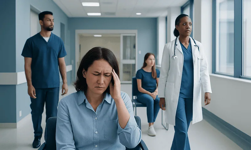 Woman with headache in hospital waiting area with medical staff nearby.