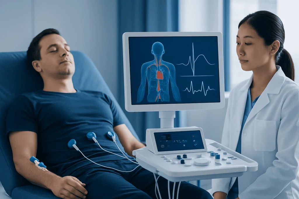 Patient undergoing cardiac monitoring at Acibadem Hospital.