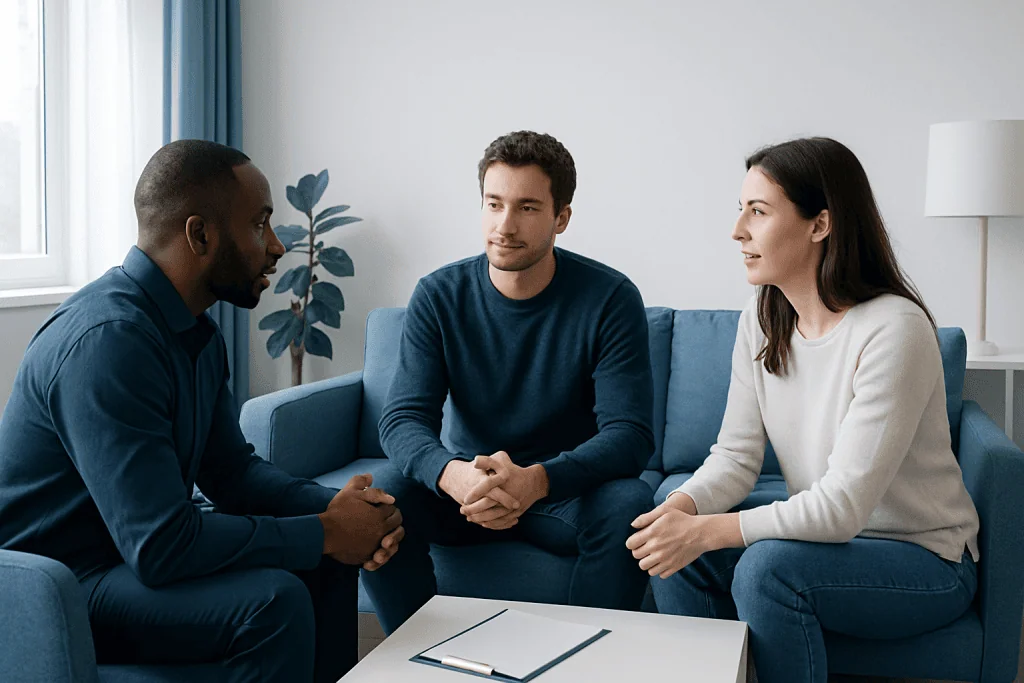 Therapist and couple discussing relationship health in a counseling session.