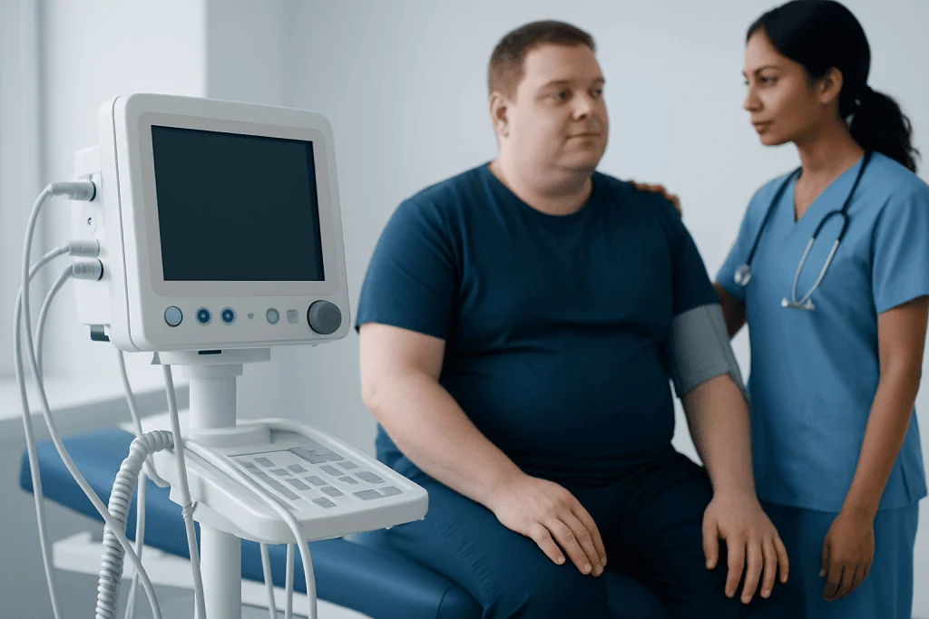 Doctor consulting with a patient in a medical examination room.