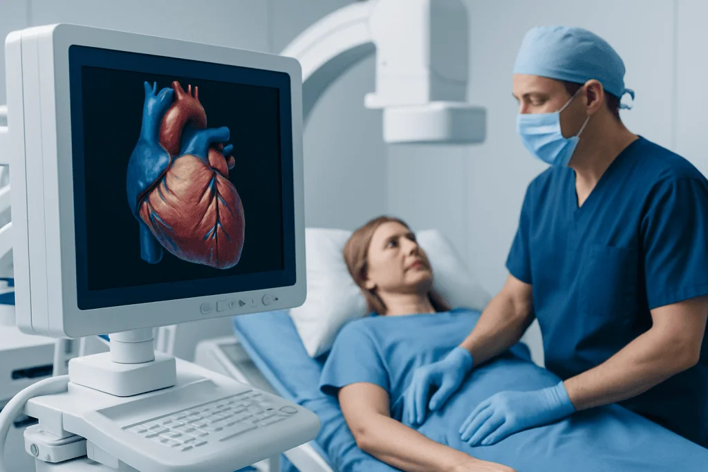 Cardiologist examines patient with heart model and monitor in hospital.