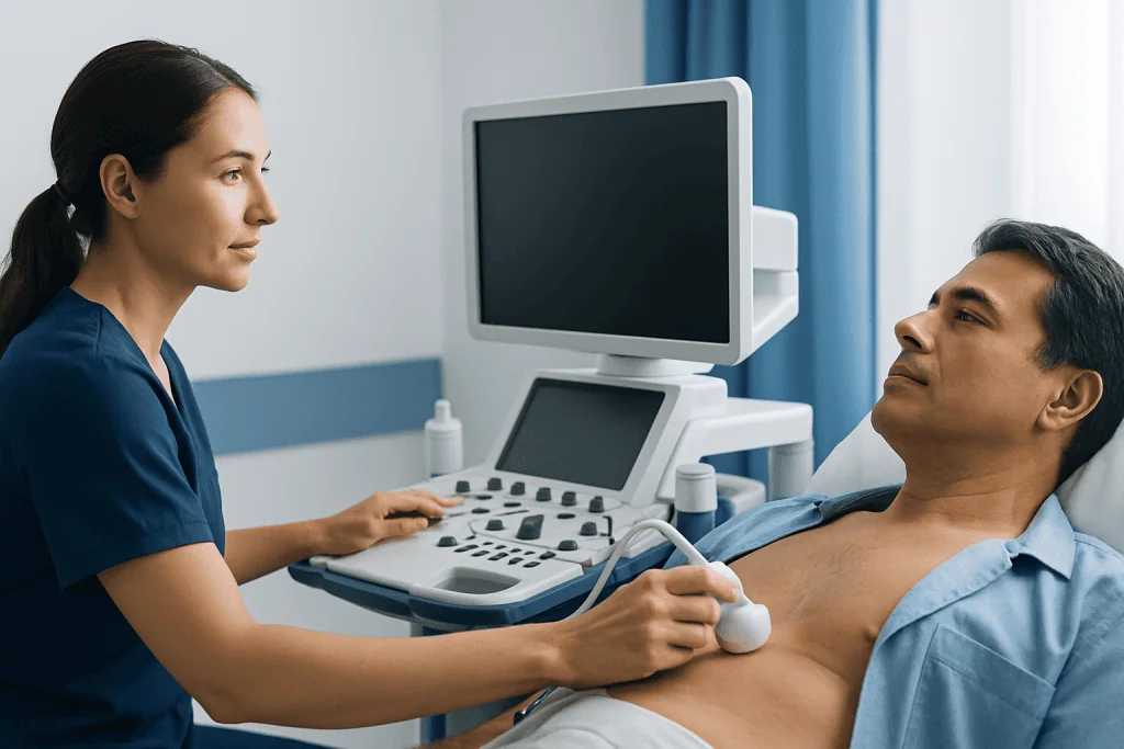 Doctor performing an echocardiogram on a male patient in a hospital room.