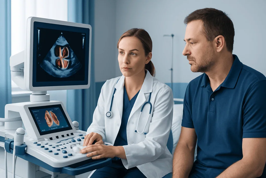 Cardiologist and technician analyzing heart ultrasound in hospital.