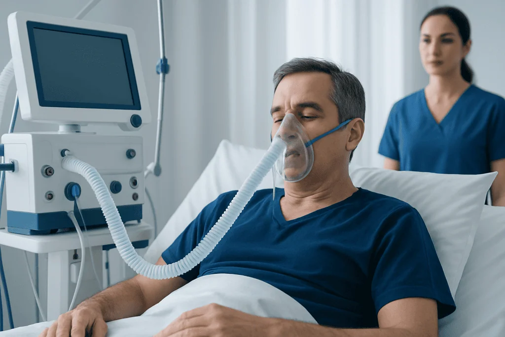 Patient using CPAP machine for breathing support in hospital.
