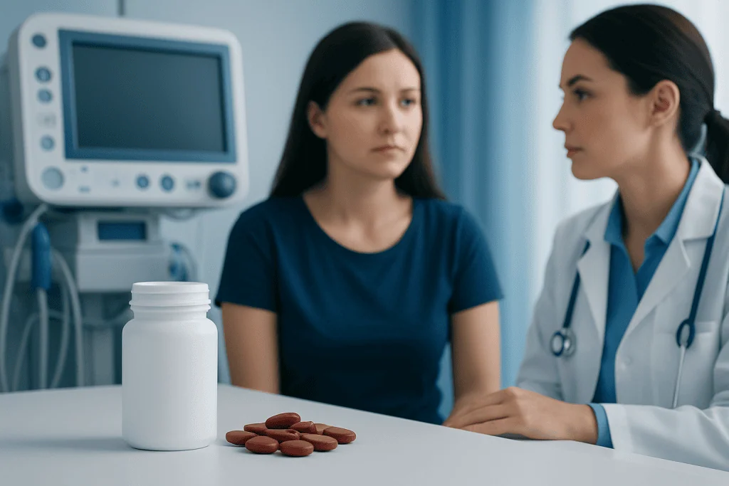 Doctor consulting a patient about iron supplements for heavy periods.