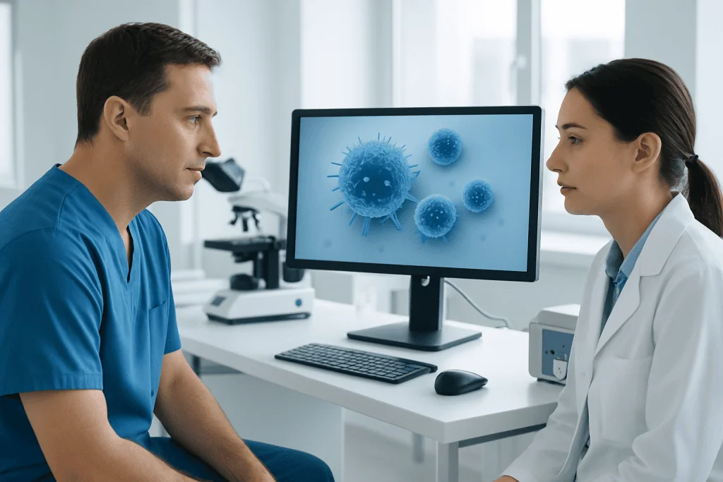 Medical professionals discussing immune cells in a laboratory setting.