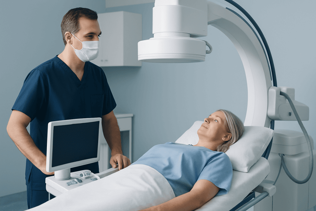 Medical professional preparing for a diagnostic procedure on a patient in a hospital.