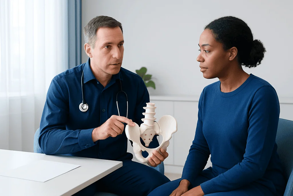 Doctor explaining pelvic anatomy to patient in consultation room.