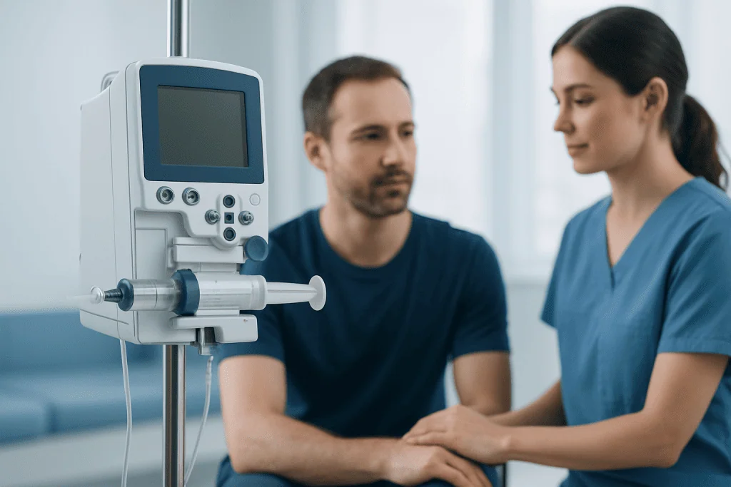 Patient and nurse in a hospital room with medical monitoring equipment.