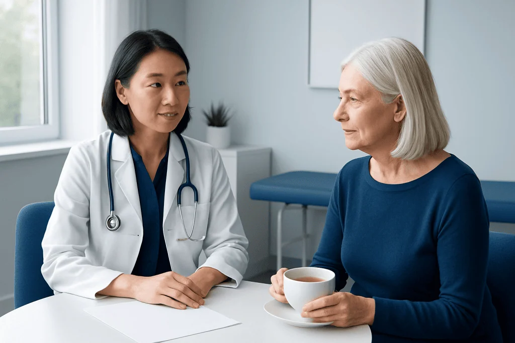 Doctor consulting with elderly woman in a medical office.