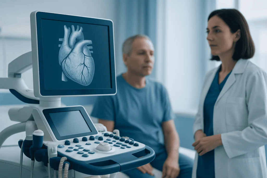 Medical professional explains heart ultrasound to patient in hospital room.