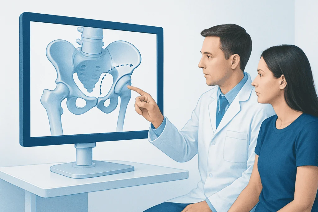 Doctor explaining pelvic anatomy on digital screen to patient.