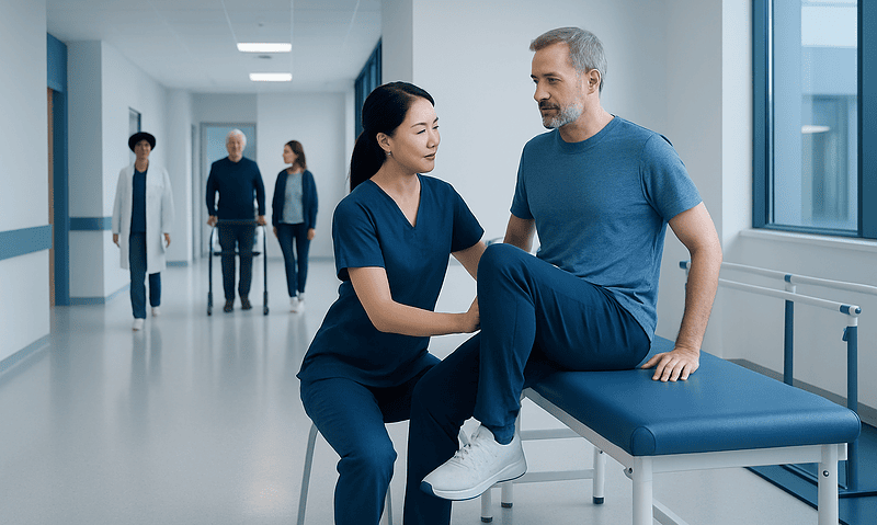 Physical therapist assisting patient with knee exercise in hospital corridor.