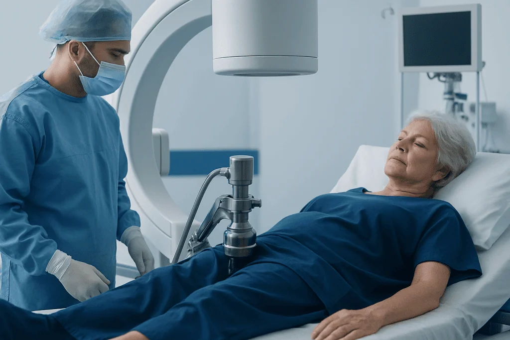 Senior woman undergoing hip scan in hospital with medical staff present.