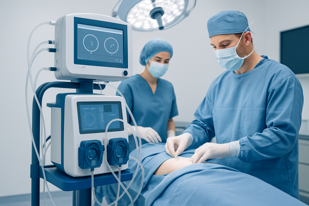 Surgeons performing HIPEC cancer therapy in an operating room.