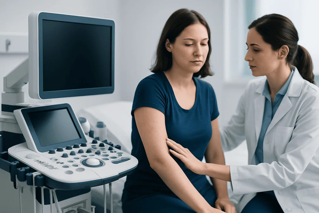 Doctor examining a patient with an ultrasound machine in a clinical setting.