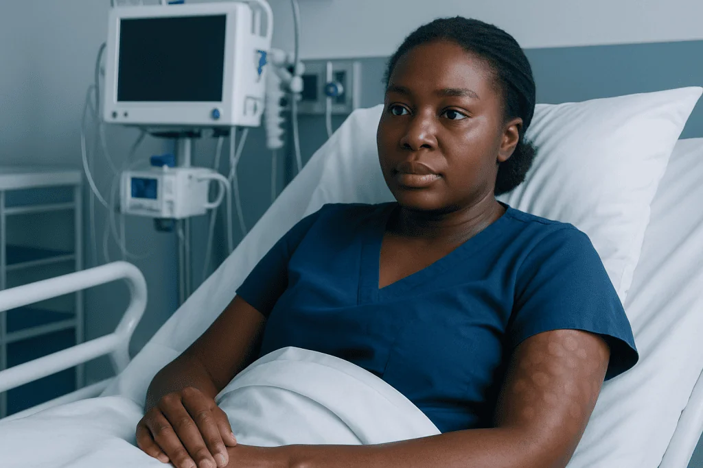 Patient in hospital bed with medical monitors in background.