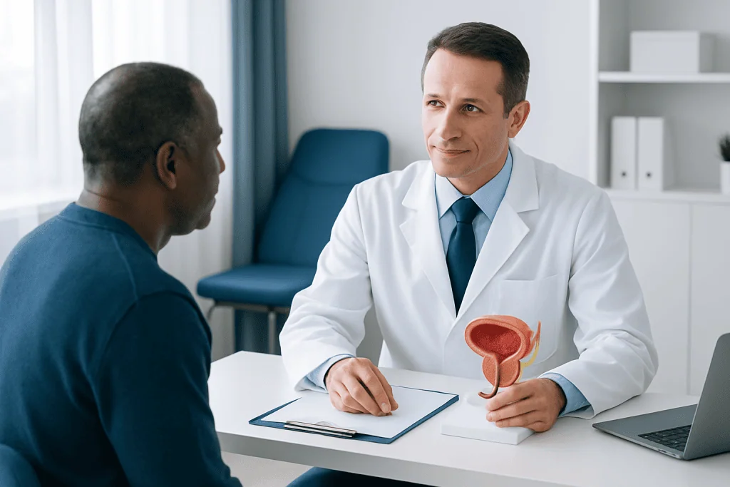 Urologist explaining prostate health to a patient in a medical consultation.