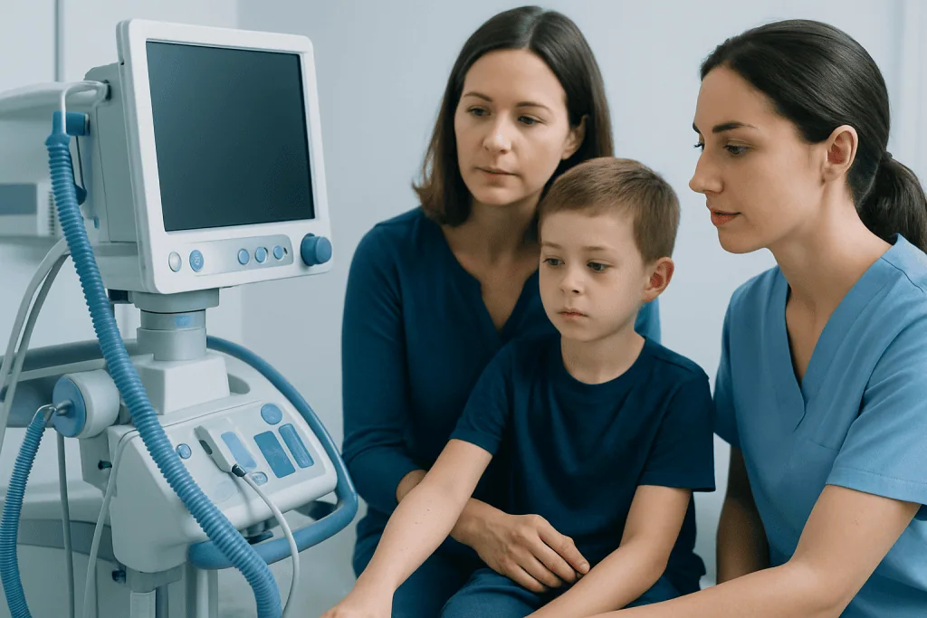 Medical professionals examining a young boy with ultrasound equipment in a hospital.