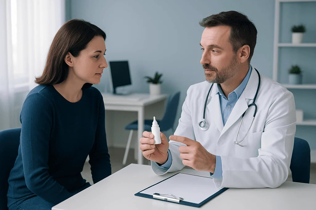 Doctor explaining skin treatment to a patient in a clinic setting.