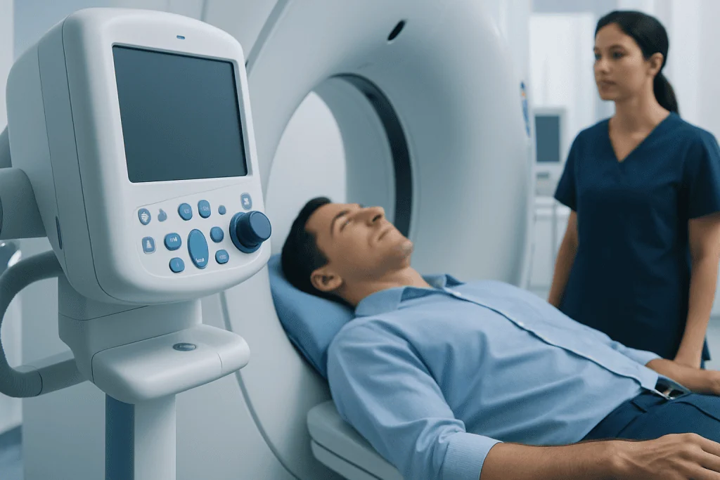 Patient undergoing MRI scan at Acibadem Hospital for diagnostic imaging.