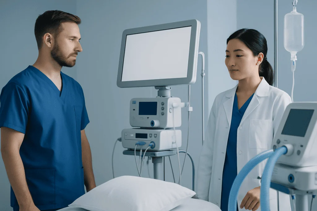 Medical professionals in a hospital room with monitoring equipment.