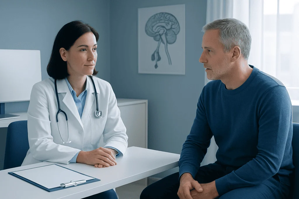 Doctor consulting with a male patient in a medical office.