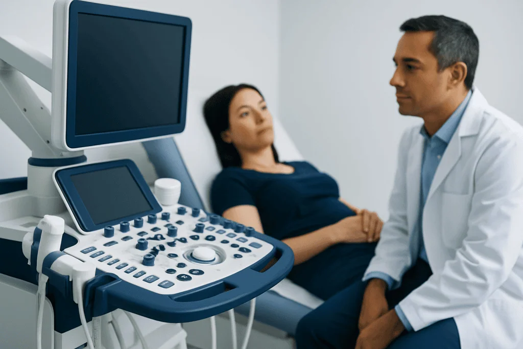 Doctor consulting with patient during ultrasound examination at hospital.