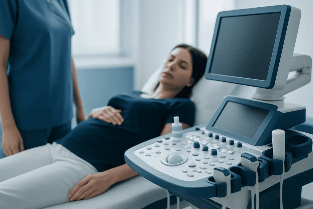Patient undergoing ultrasound examination in a hospital setting.
