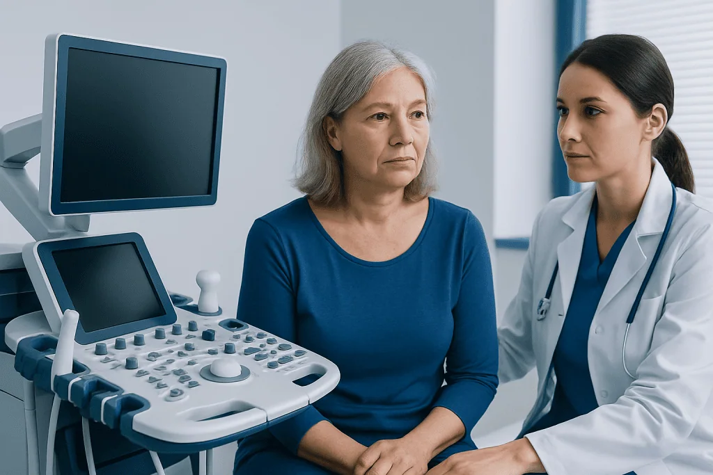 Doctor consulting with an older female patient in a medical office.