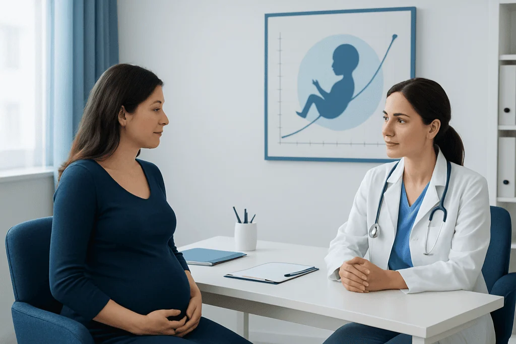 Pregnant woman consulting with a doctor in a medical office.