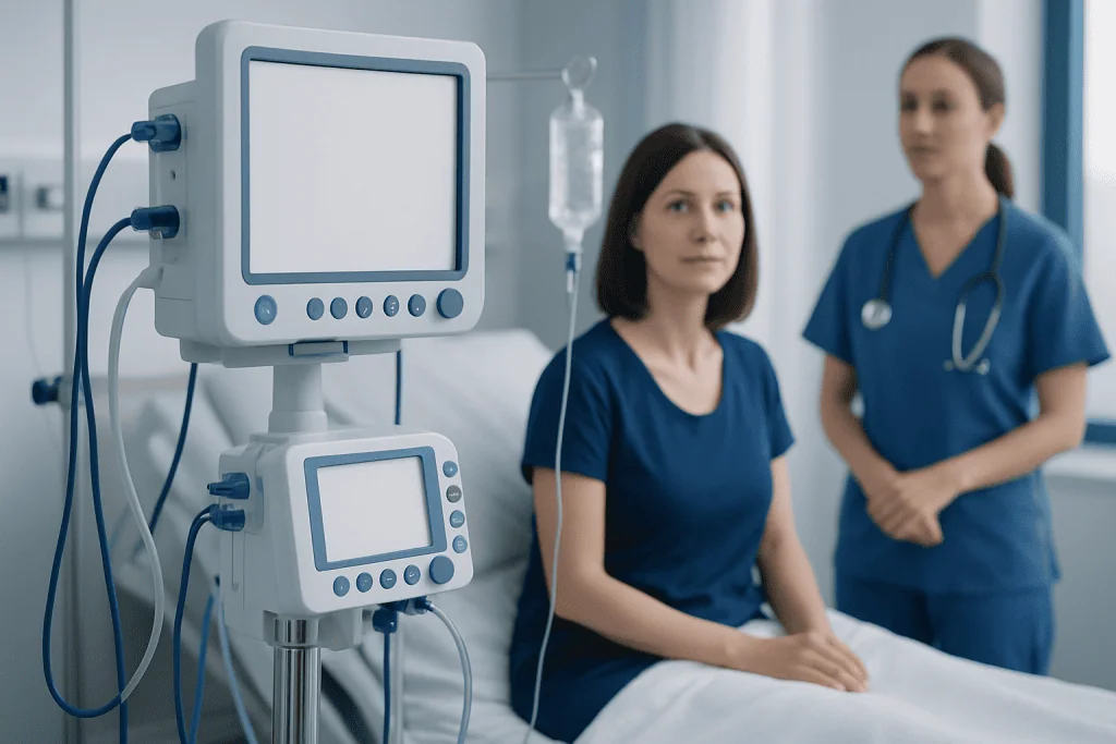 Hospital room with patient and nurse near medical monitors.