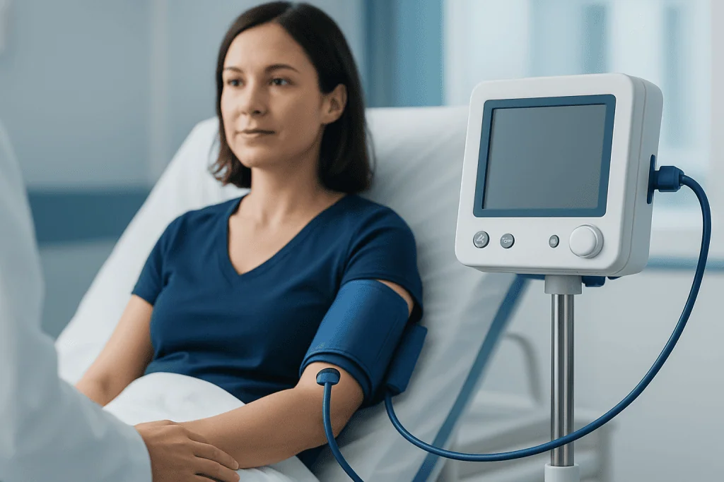Patient undergoing blood pressure monitoring in hospital setting.